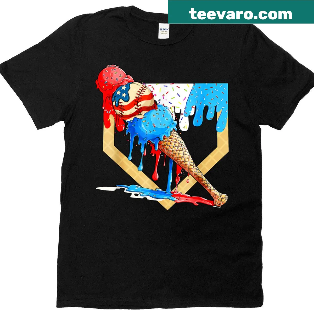 Playful T-shirt with dabbing ice cream and baseball cap for July 4th — on a men's t-shirt
