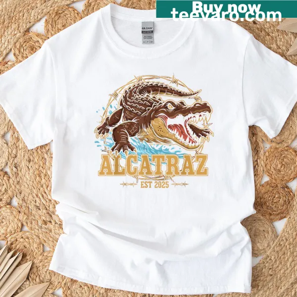 Edgy T-shirt featuring alligator humor and Alcatraz theme