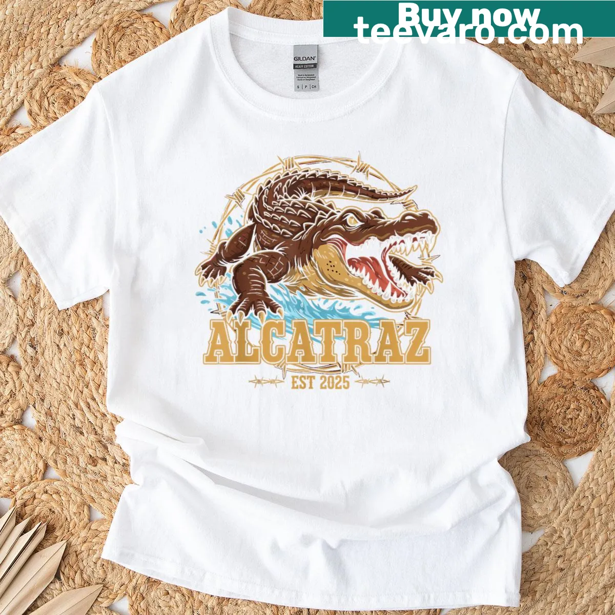 Edgy T-shirt featuring alligator humor and Alcatraz theme — on a men's t-shirt