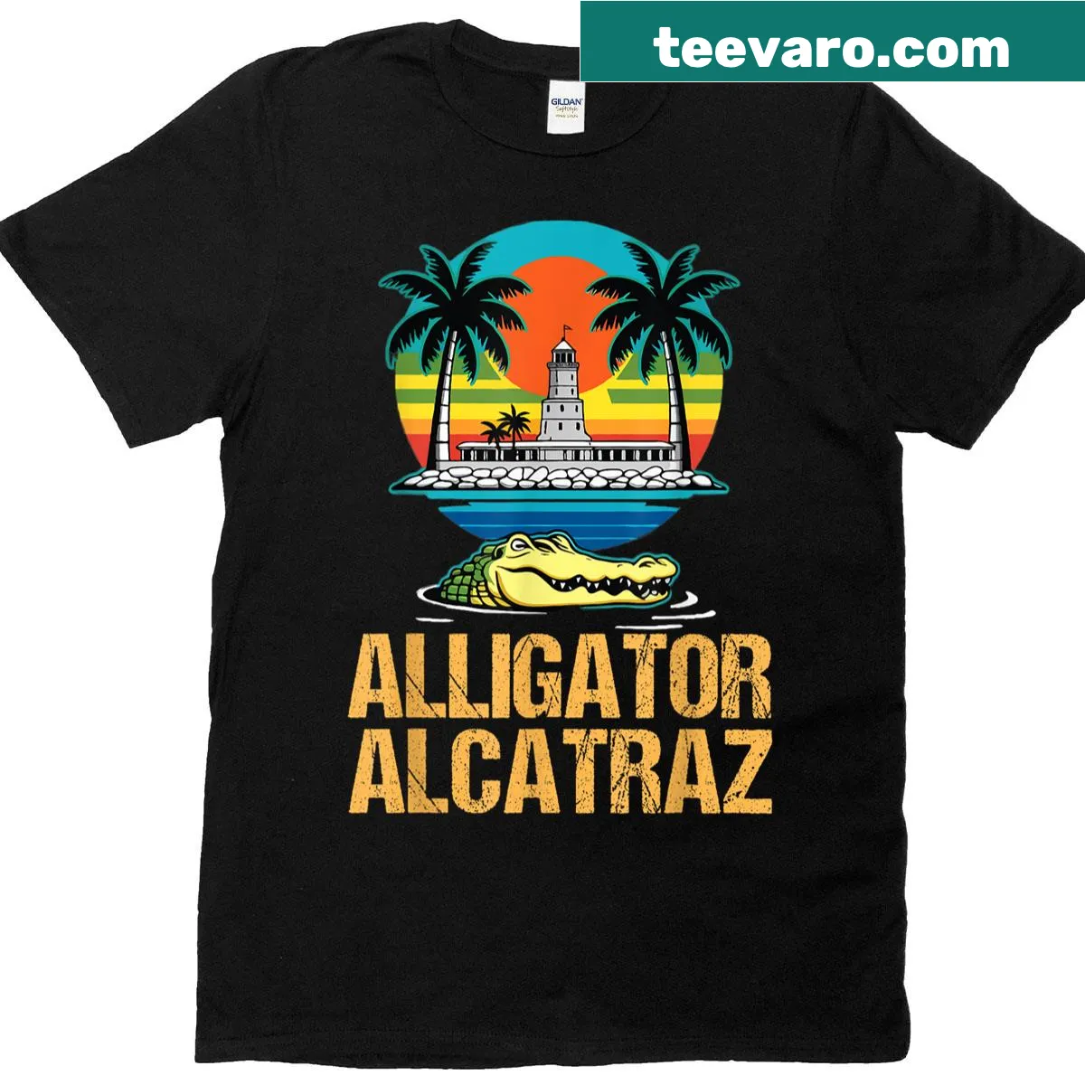 Retro sunset design with alligator silhouette — on a men's t-shirt