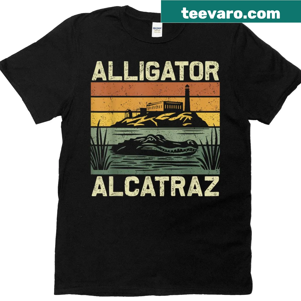 Retro distressed T-shirt featuring an alligator with Alcatraz in a sunset scene — on a men's t-shirt
