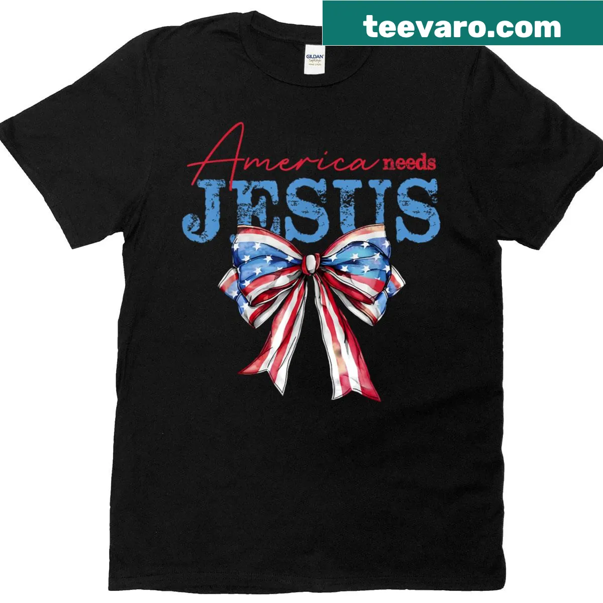 Christian T-shirt with USA flag and faith message — on a men's t-shirt