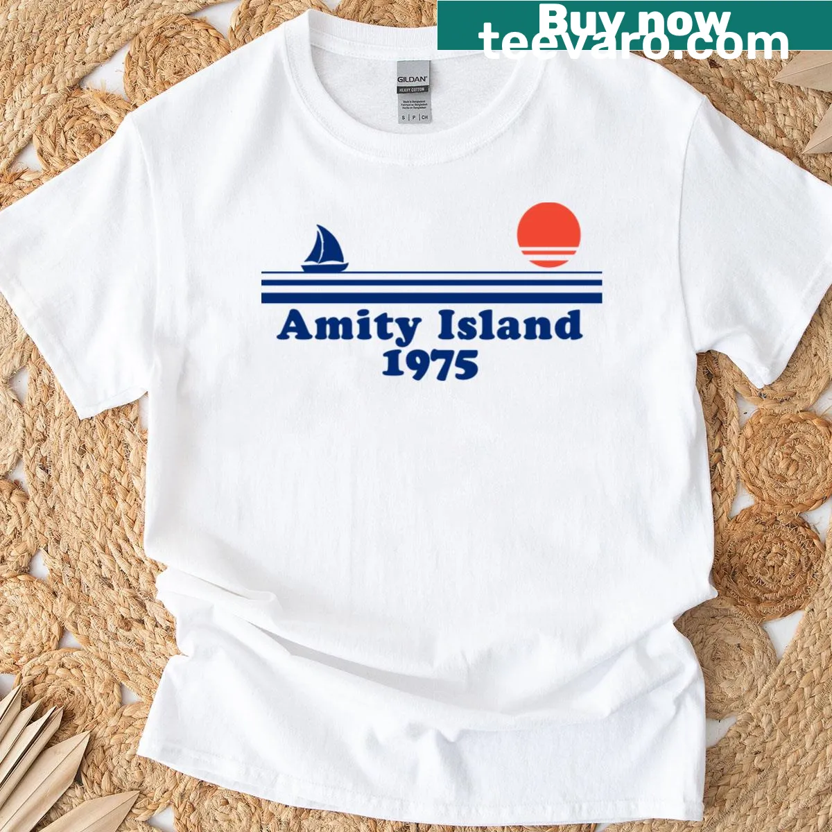 Vintage Amity Island Jaws T-shirt from the 1975 classic film — on a men's t-shirt