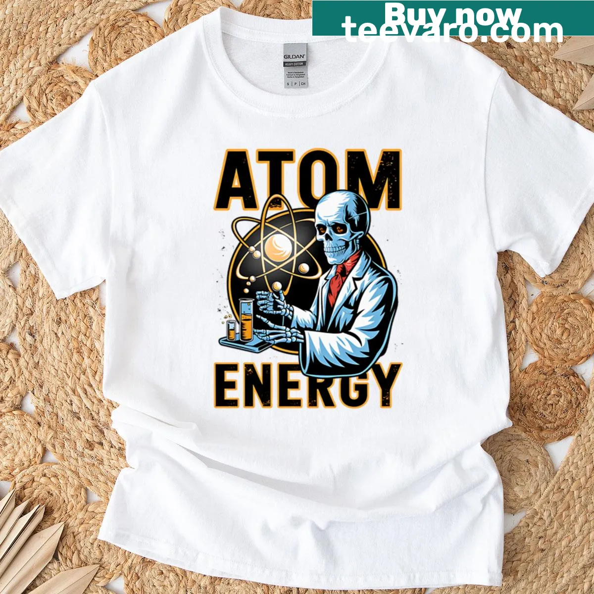 Boxy T-shirt featuring a skeleton scientist and atomic power theme — on a men's t-shirt