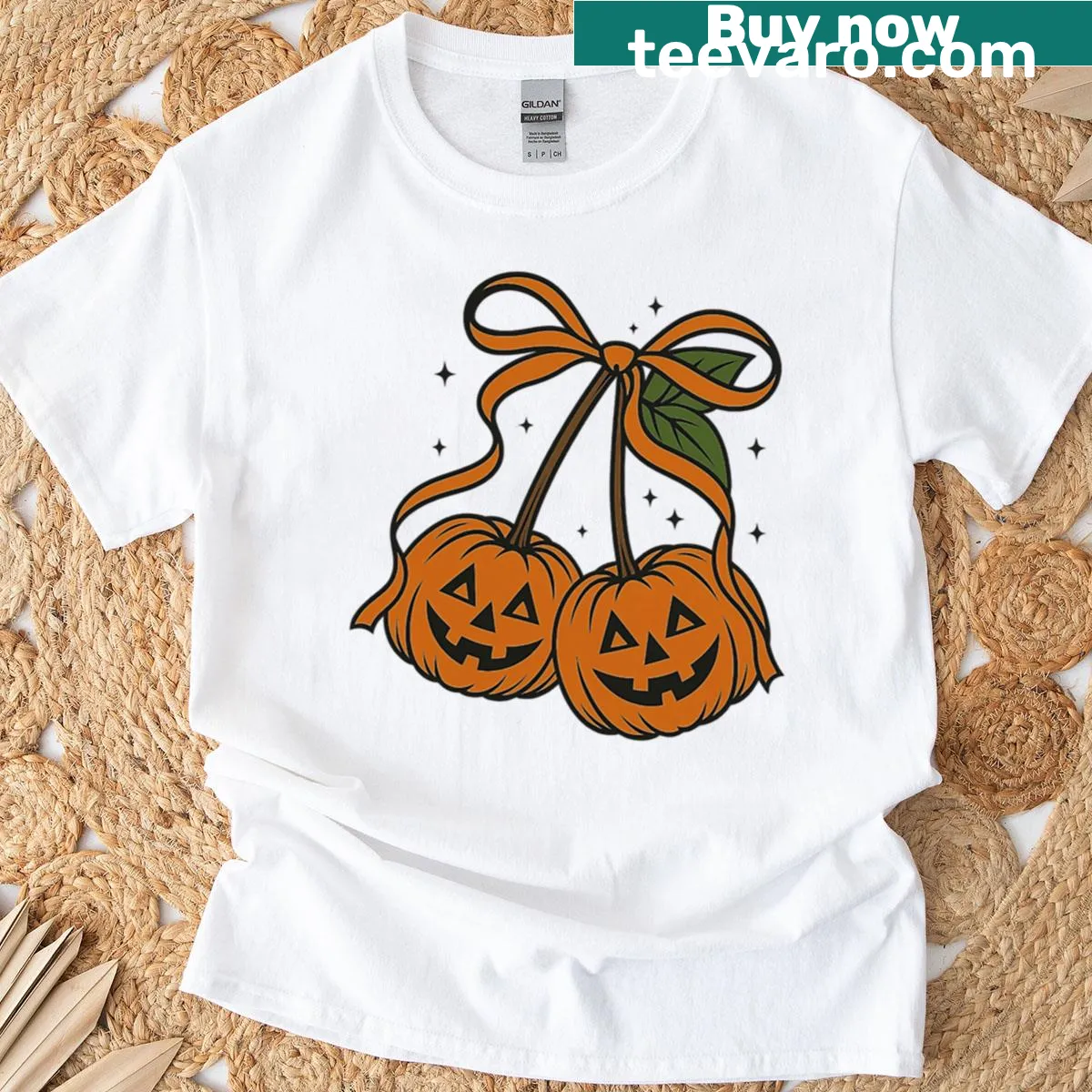 Cute autumn-themed T-shirt with pumpkins and cherries — on a men's t-shirt