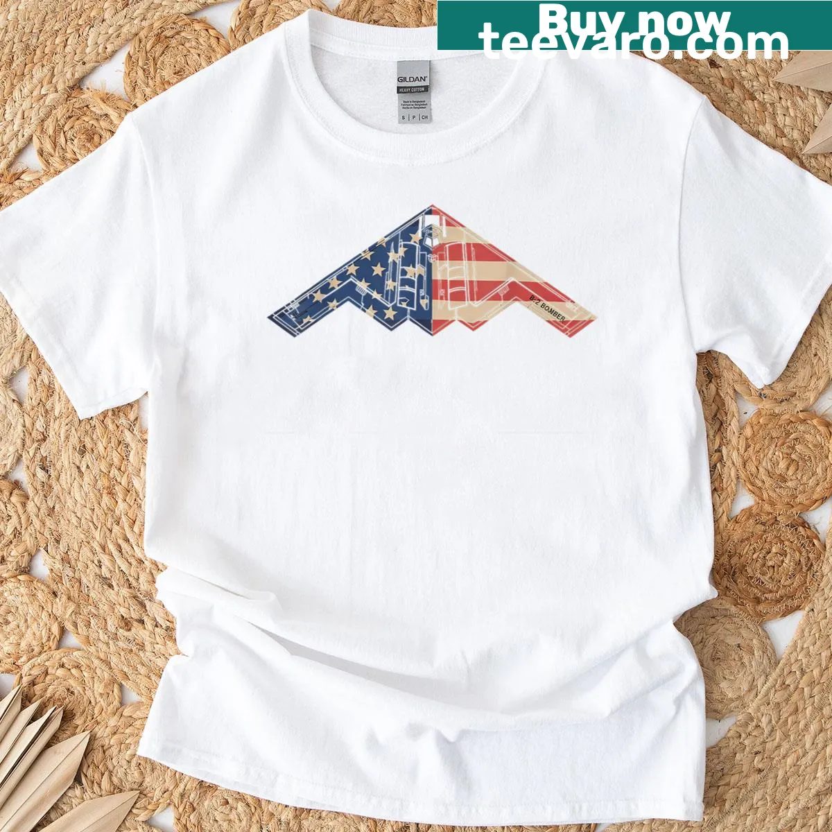 Schematic of B-2 Bomber with American flag elements — on a men's t-shirt