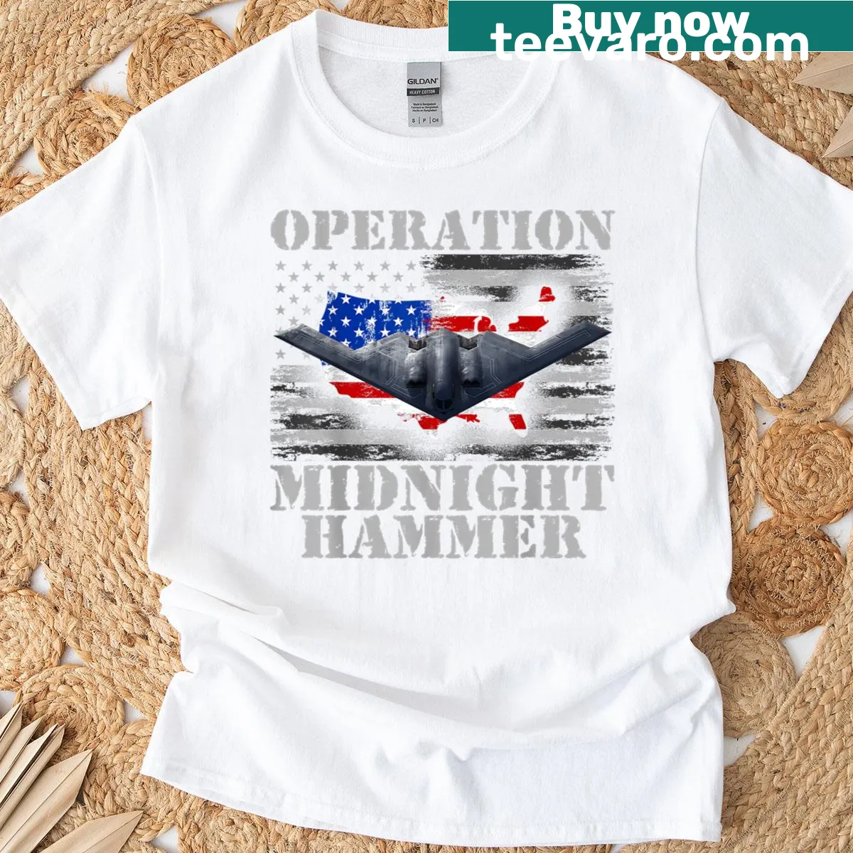 B-2 Stealth Jet T-shirt with Operation Midnight Hammer graphic — on a men's t-shirt