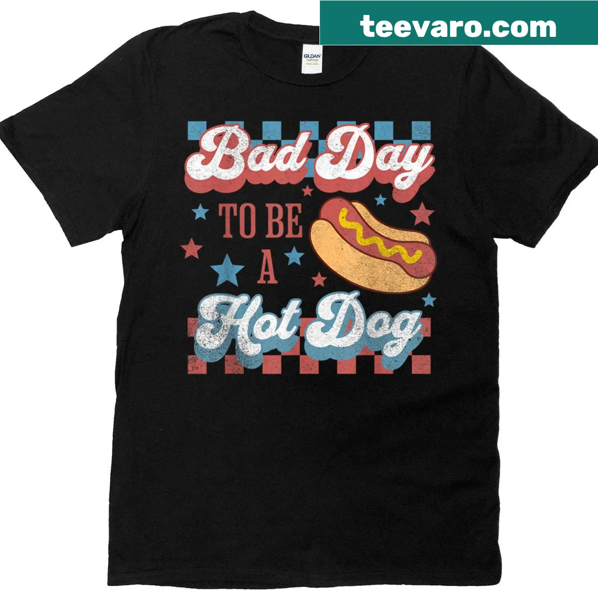 Funny Fourth of July t-shirt with cartoon hot dog and text — on a men's t-shirt