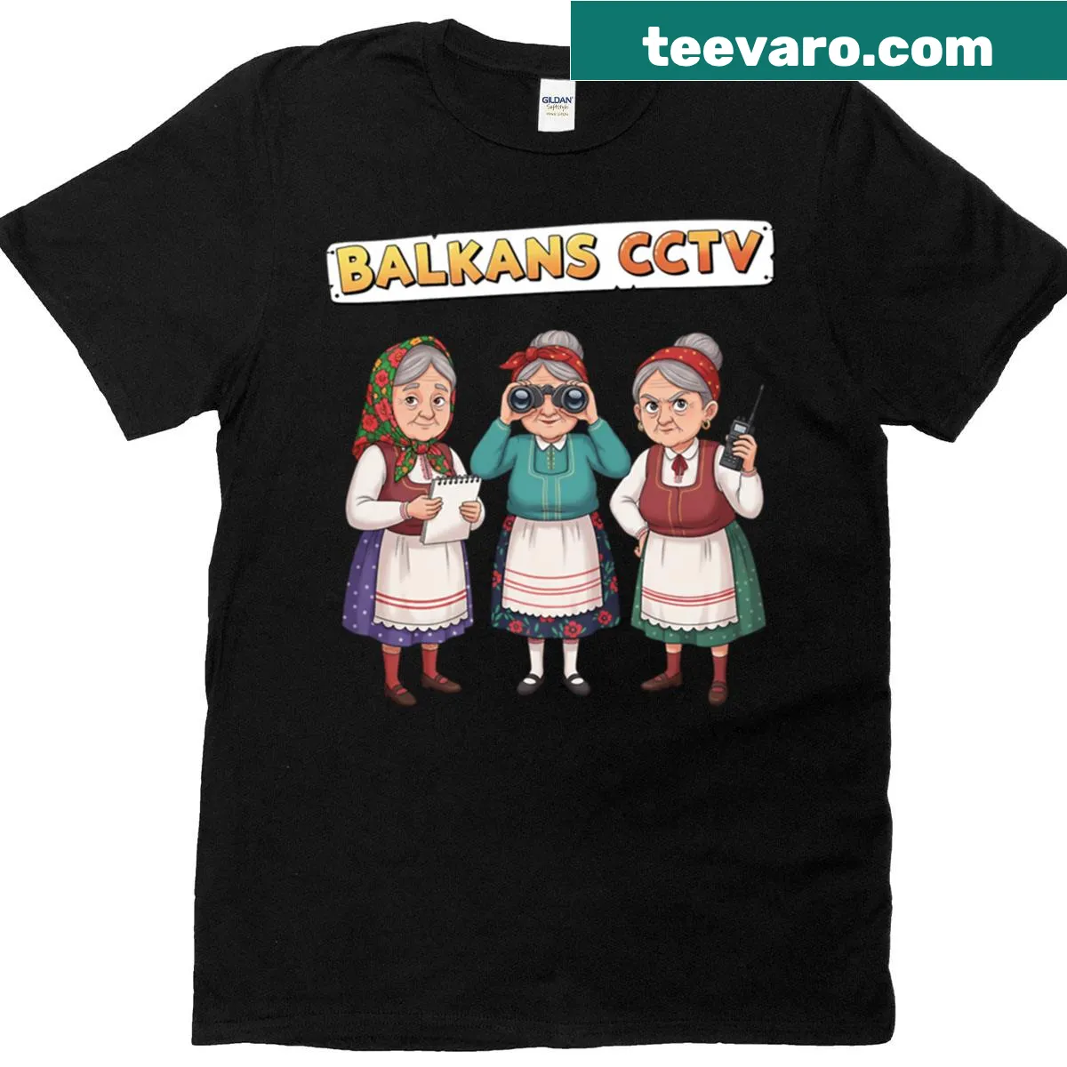 Illustrative Cctv design on Balkans-themed t-shirt — on a men's t-shirt