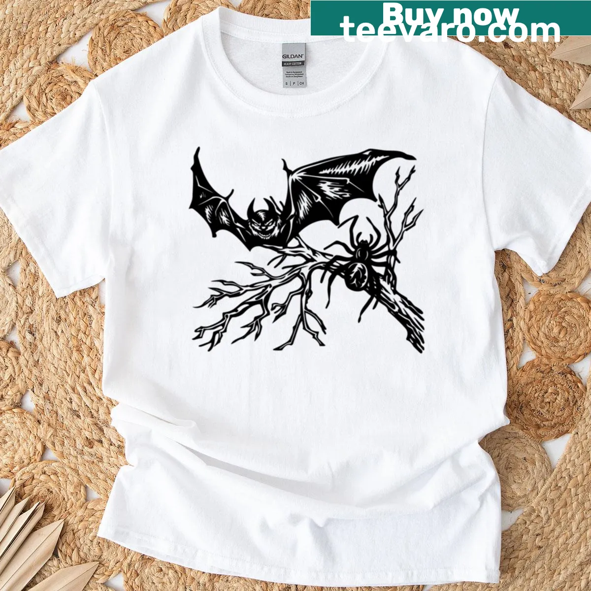 Illustrated Halloween scene with bats and spiders on a t-shirt — on a men's t-shirt