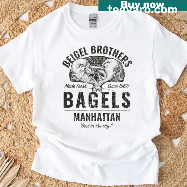 T-shirt featuring Beigel Brothers bagels cartoon graphic