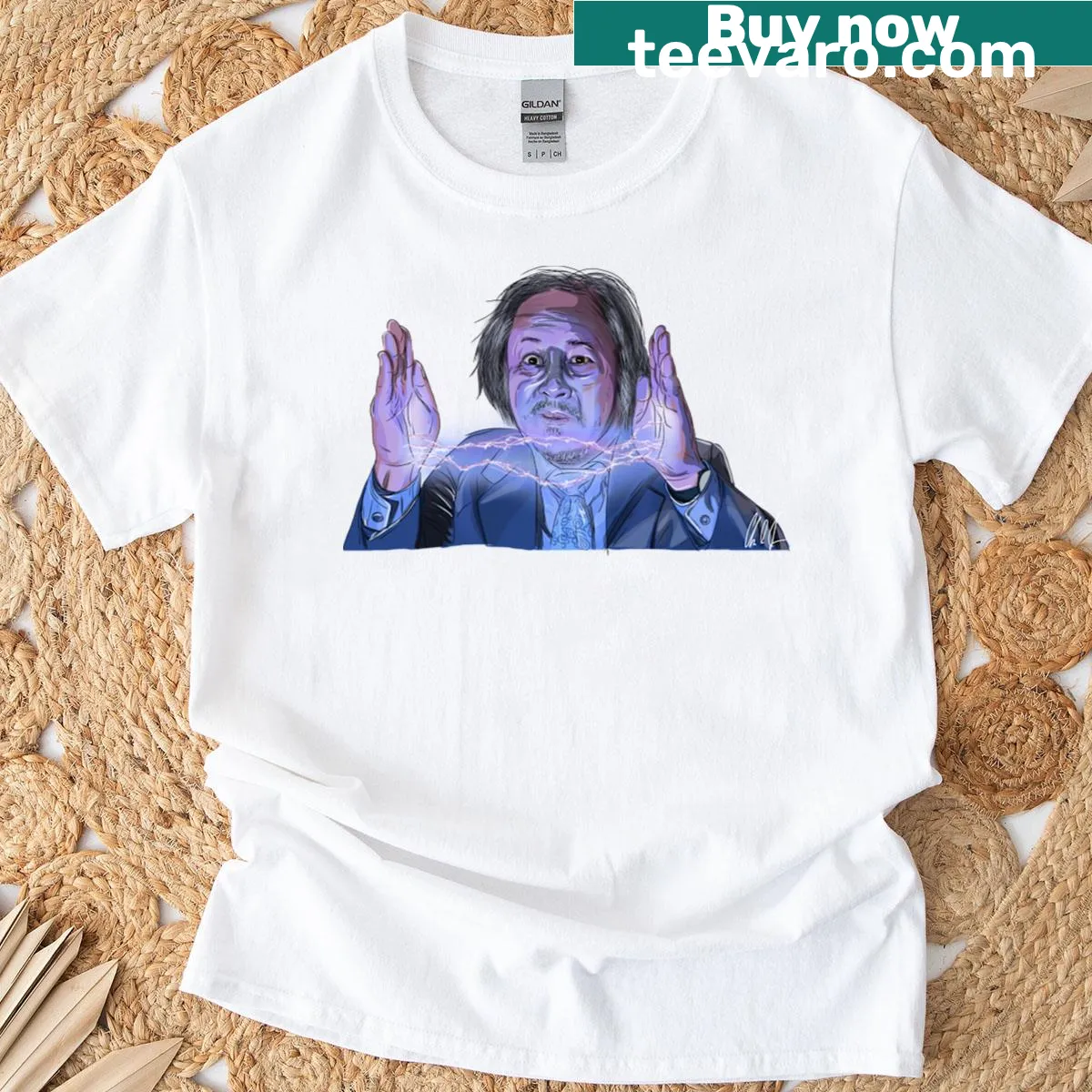 Illustrative T-shirt featuring Egg Shen from Big Trouble In Little China — on a men's t-shirt