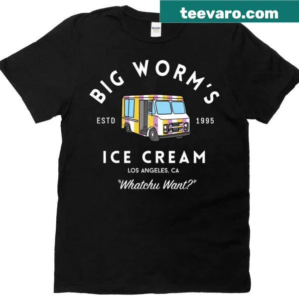 Retro design T-shirt featuring Big Worms Ice Cream and playful text.