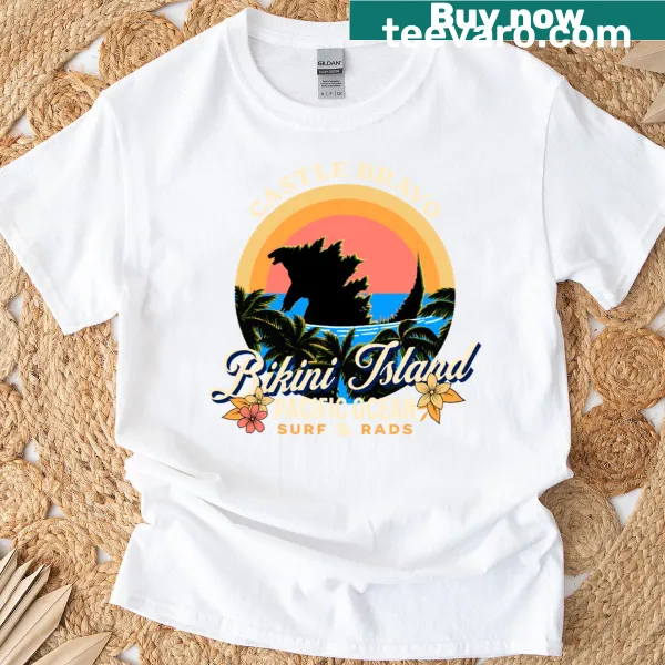 Funny surf-themed text T-shirt with Bikini Island slogan