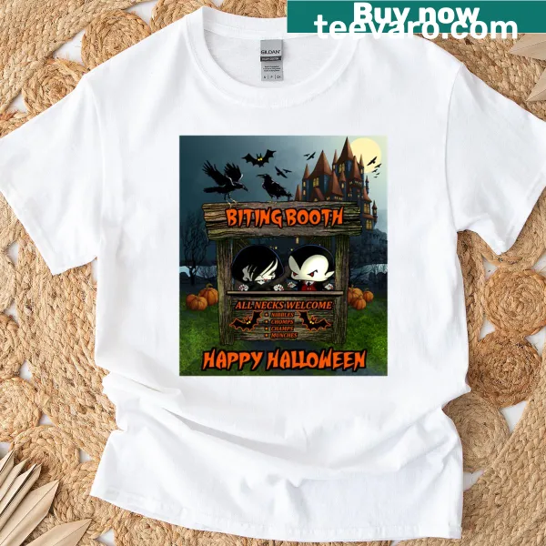 Whimsical biting booth graphic on a playful T-shirt