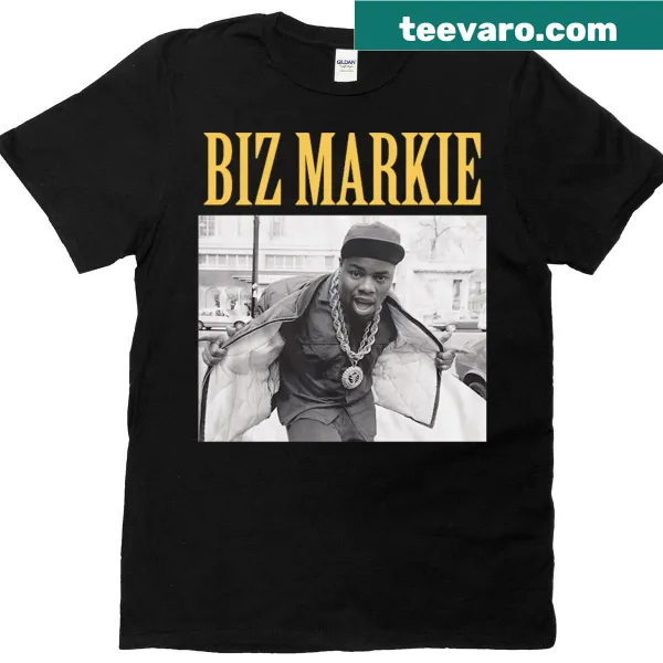 Retro-inspired T-shirt honoring Biz Markie with a music theme