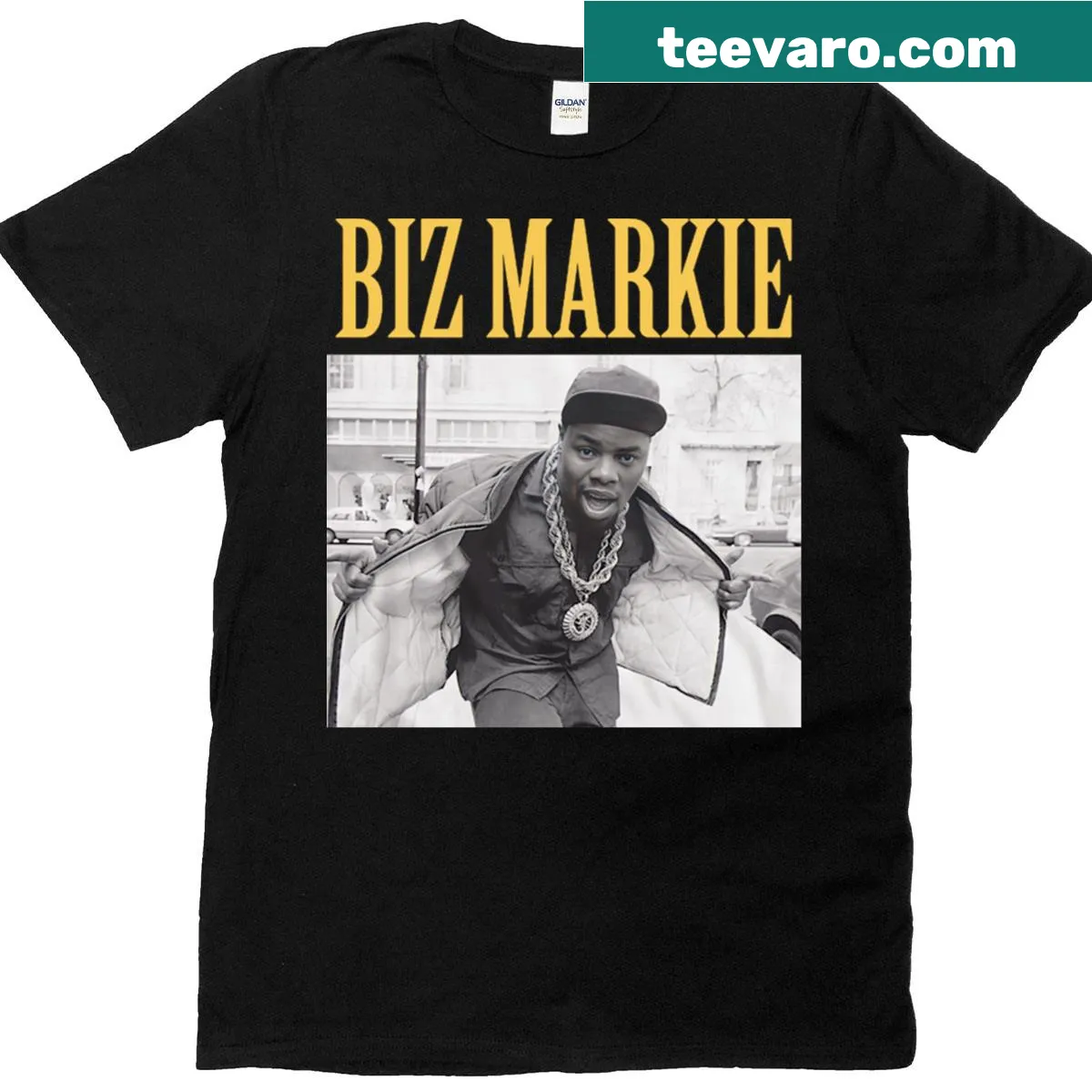 Retro-inspired T-shirt honoring Biz Markie with a music theme — on a men's t-shirt