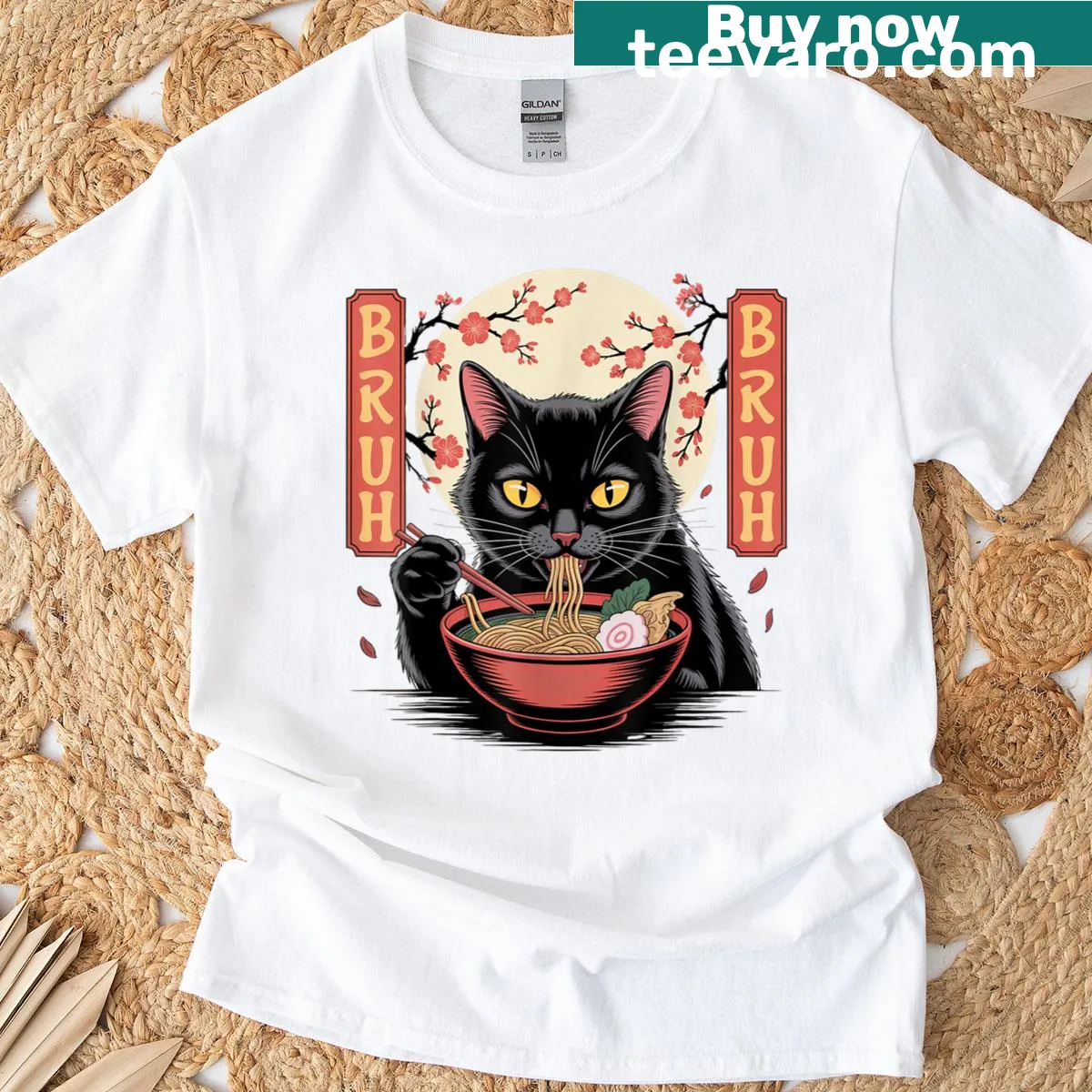 Kawaii black cat enjoying ramen noodles in an anime style graphic — on a men's t-shirt