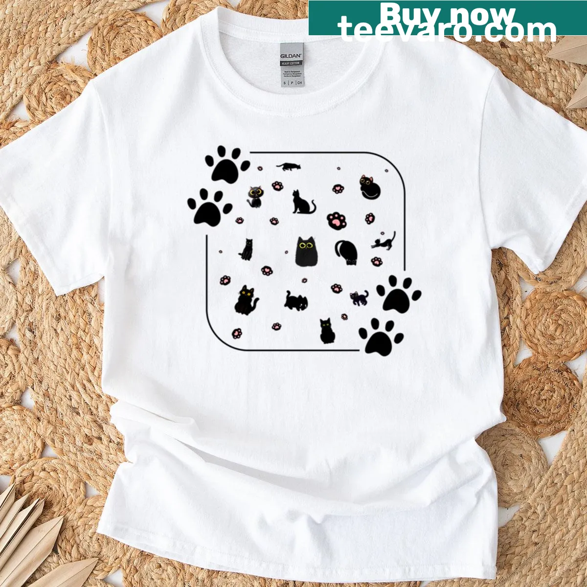Seamless pattern of black cats on a premium T-shirt — on a men's t-shirt