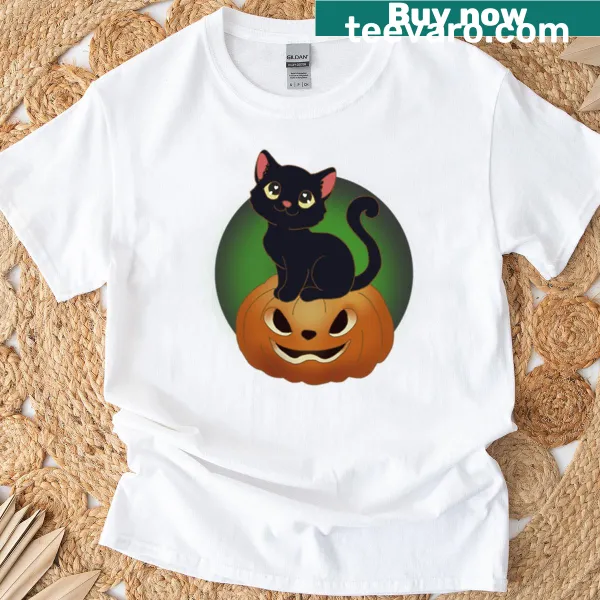 Cartoon black kitty on a jack-o-lantern graphic t-shirt