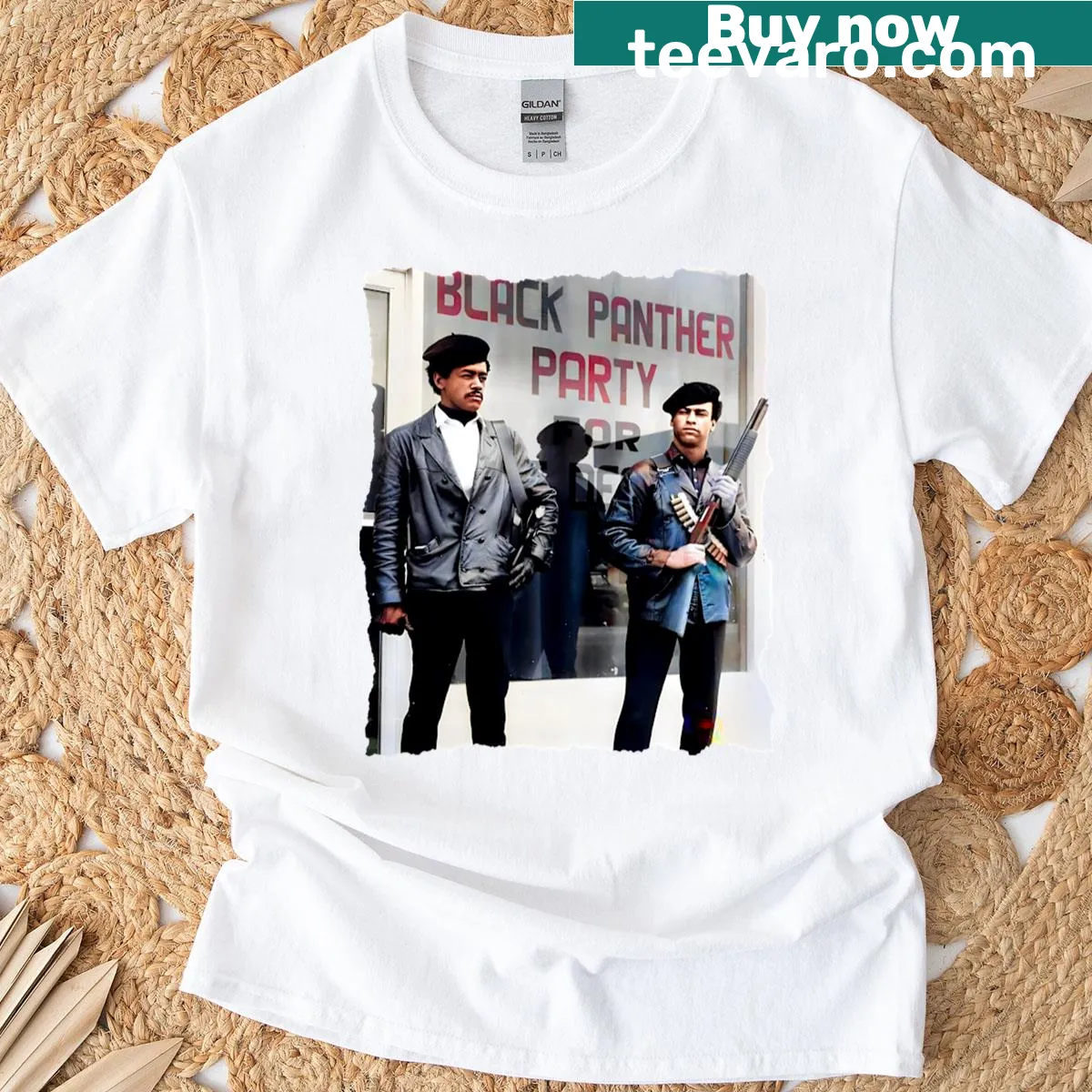 Illustrative design of Bobby Seale and Huey Newton on T-shirt — on a men's t-shirt