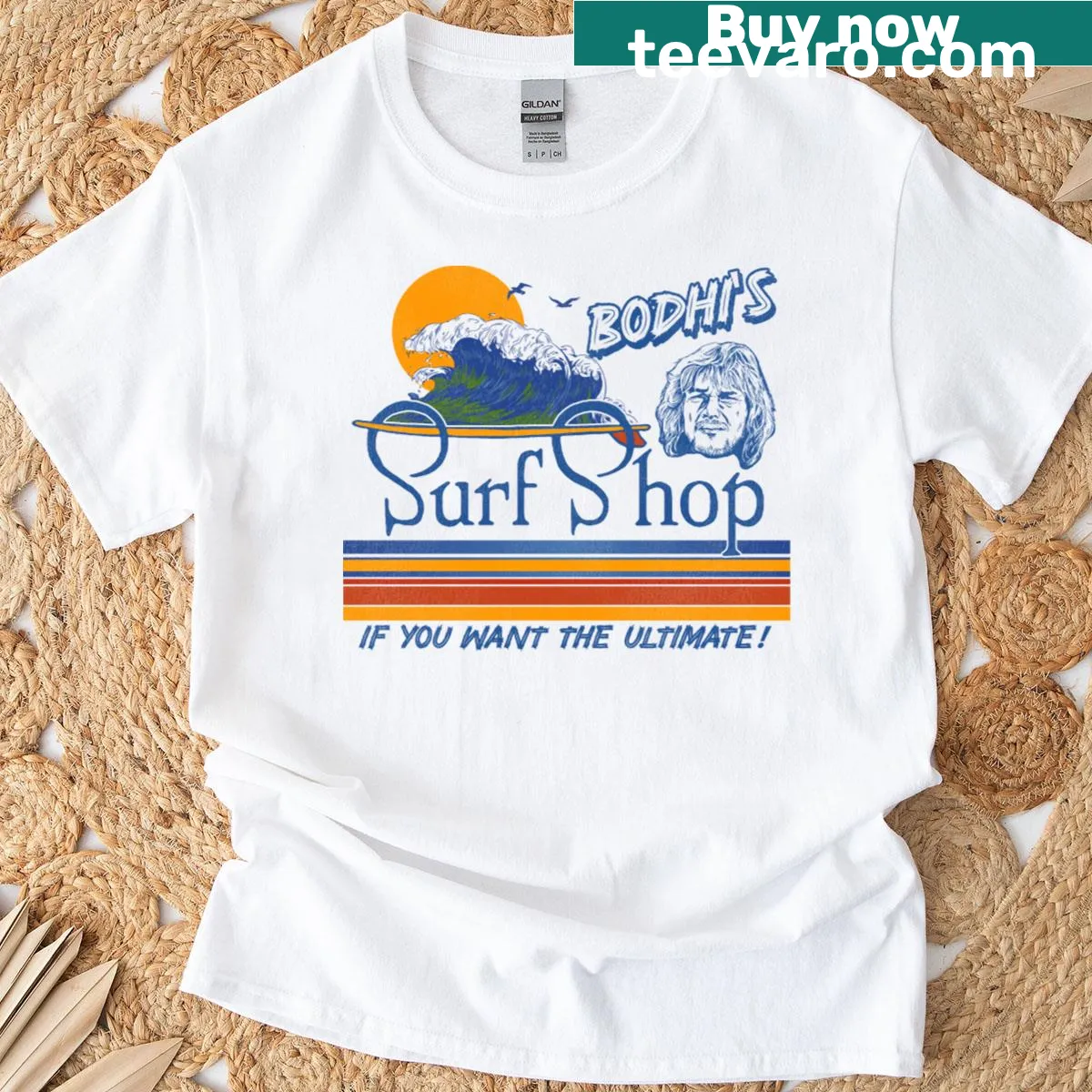 Vintage-inspired t-shirt featuring Bodhis Surf Shop fan art from Point Break — on a men's t-shirt