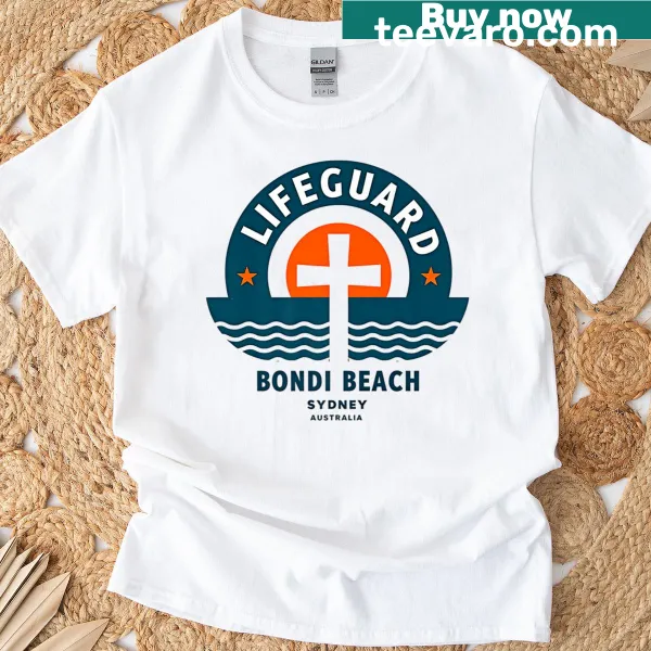 Badge-style Bondi Beach lifeguard graphic on a premium t-shirt