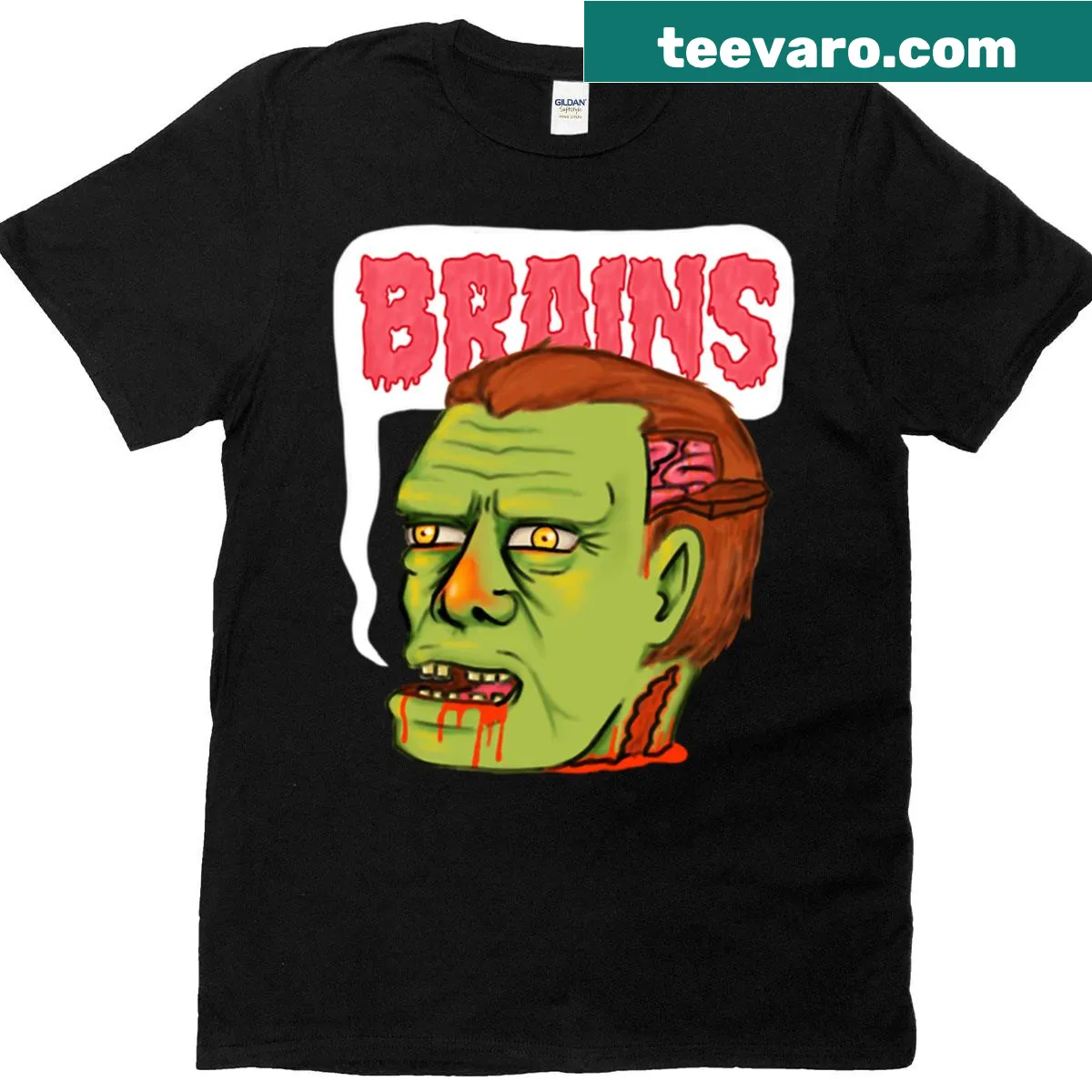 T-shirt with 'Brains' text in zombie script — on a men's t-shirt