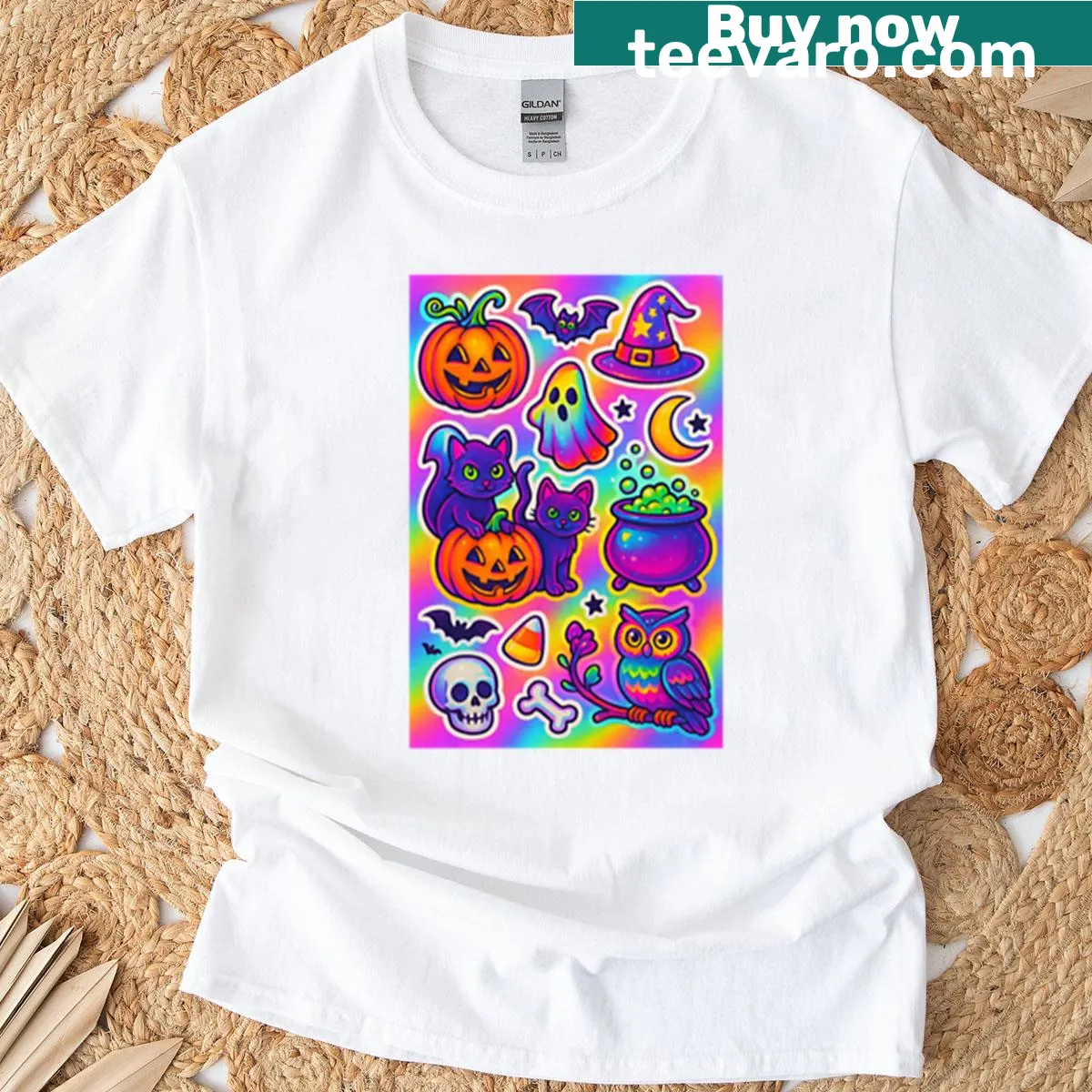 Retro T-shirt featuring 90s Halloween sticker designs — on a men's t-shirt