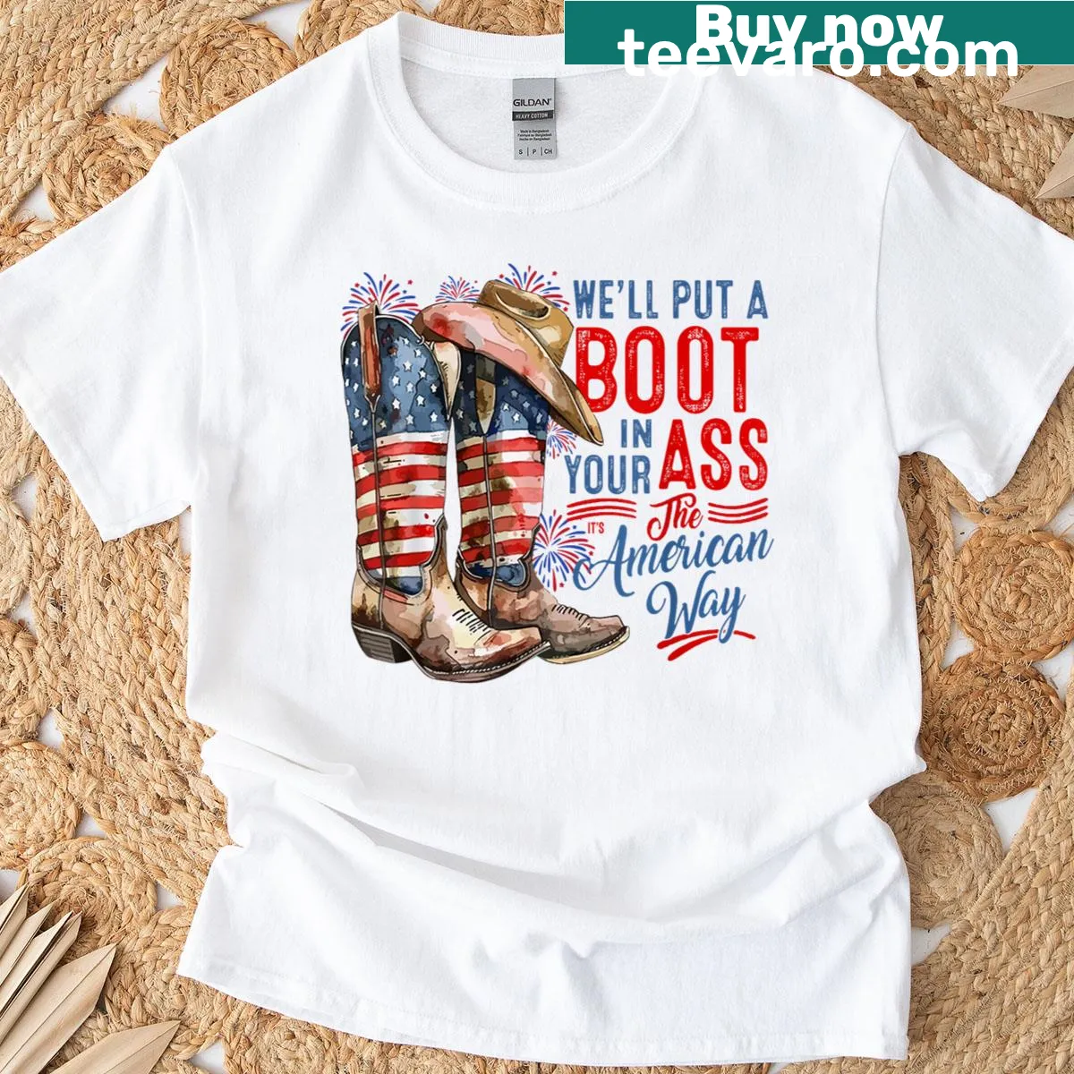 Patriotic Red White Blue Cowgirls T-shirt with an illustration — on a men's t-shirt