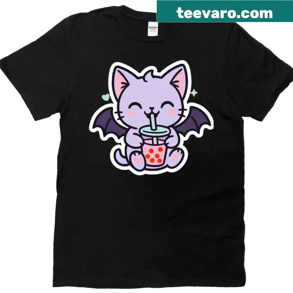 Kawaii T-shirt with bubble tea vampire bat cat design