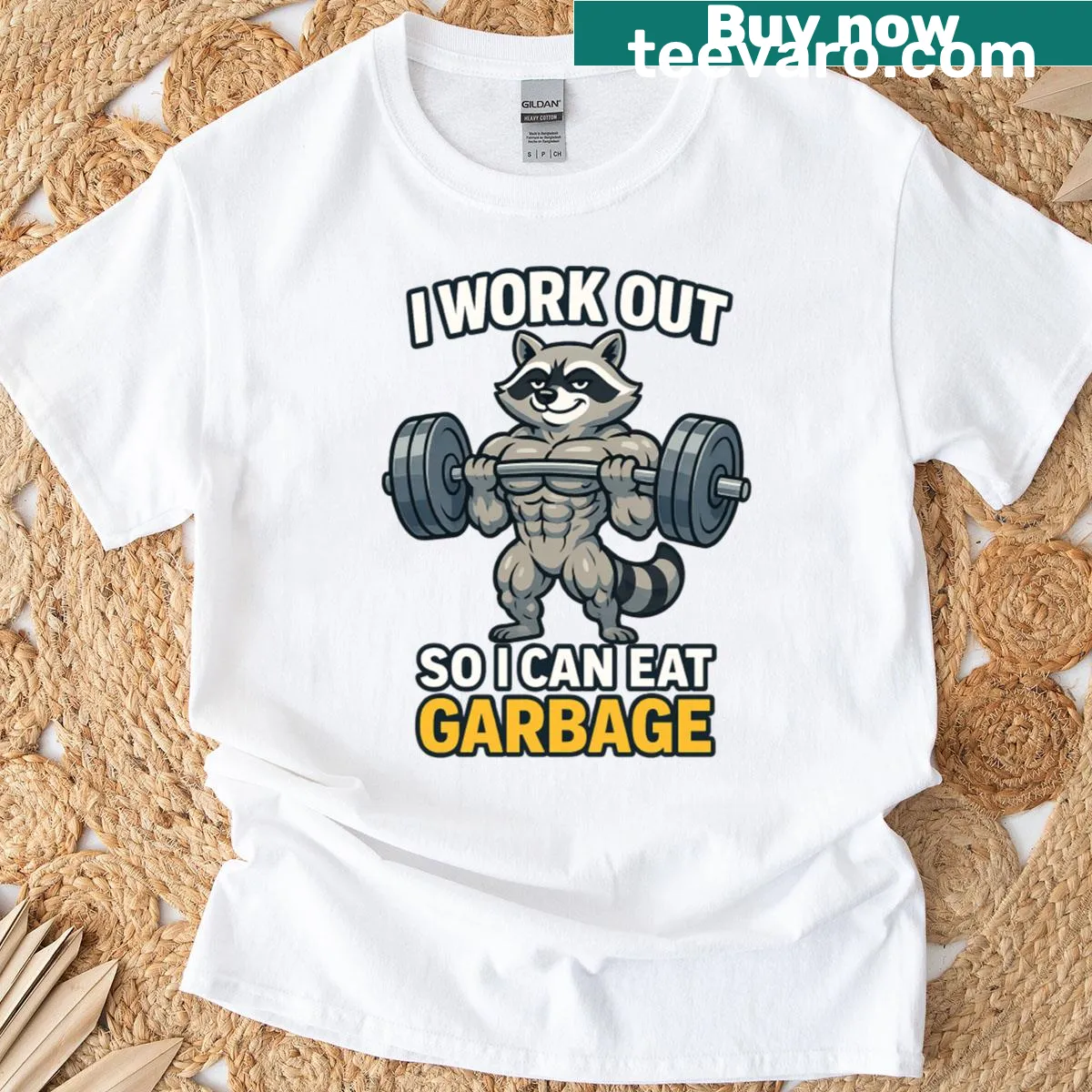 Funny T-shirt with a buff raccoon and humorous gym slogan — on a men's t-shirt