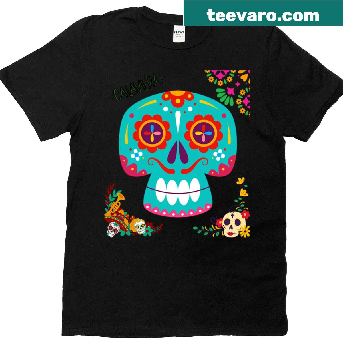 Floral decorated calavera skull design for Day of the Dead — on a men's t-shirt