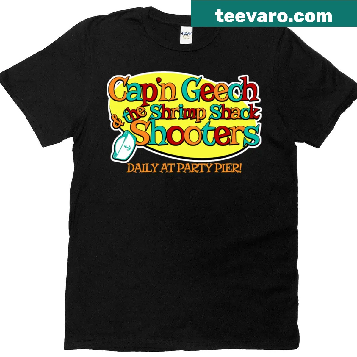 Funny graphic tee featuring Captain Geech and the Shrimp Shack Shooters — on a men's t-shirt