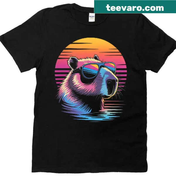 Cute capybara beach graphic T-shirt in retro style.