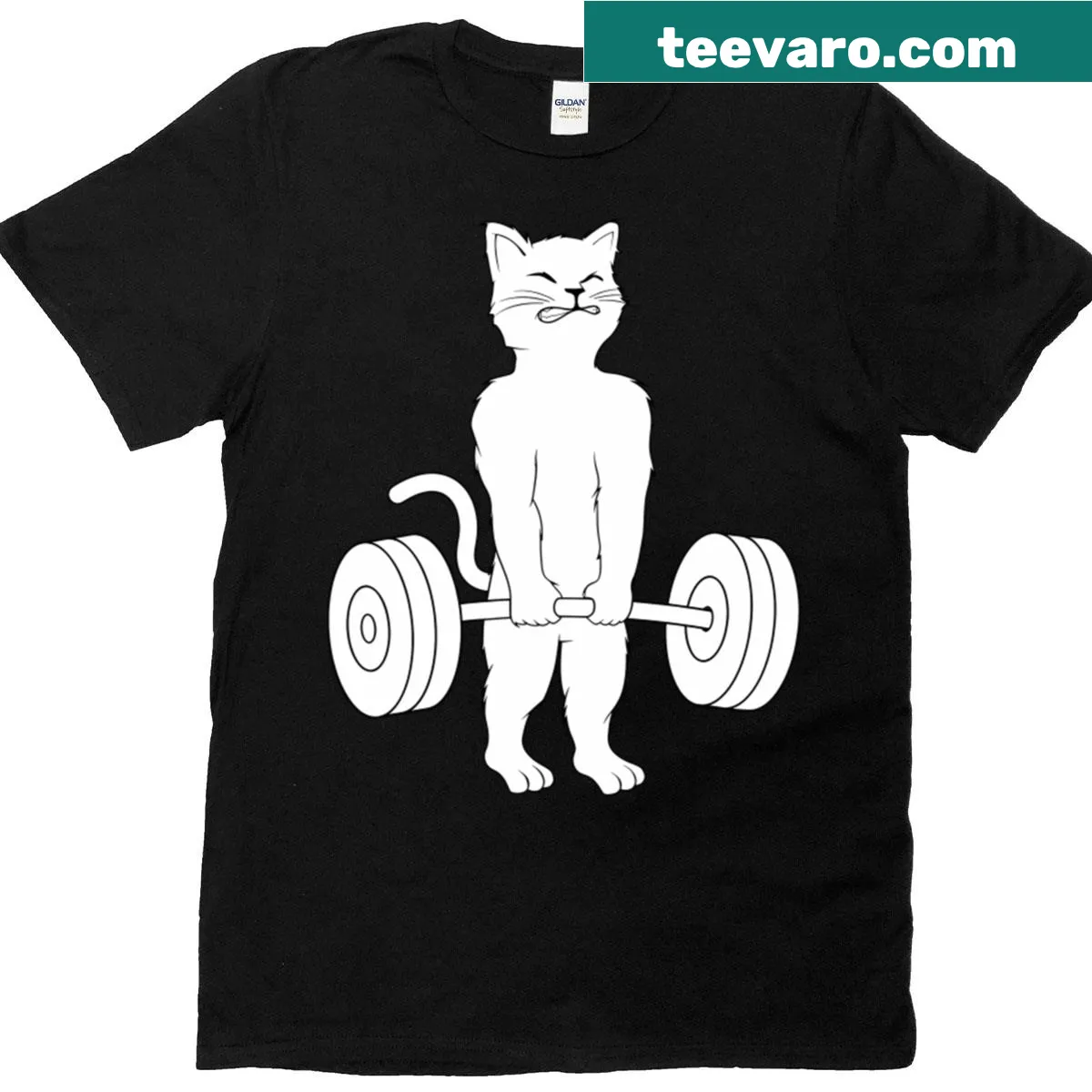 Muscle cat illustration deadlifting weights on a T-shirt — on a men's t-shirt