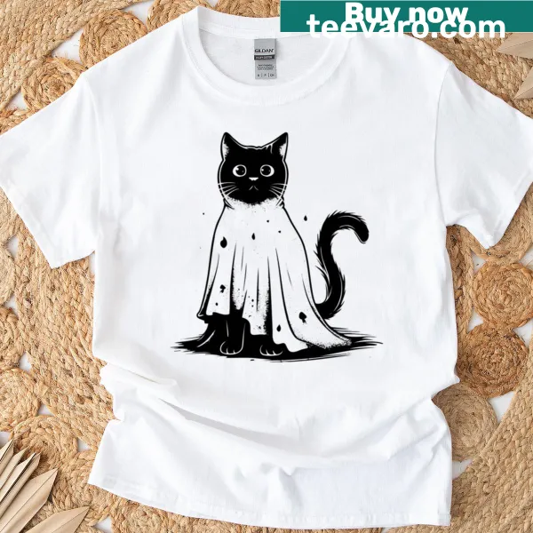 Illustration of a ghost cat in cheesecloth for Halloween