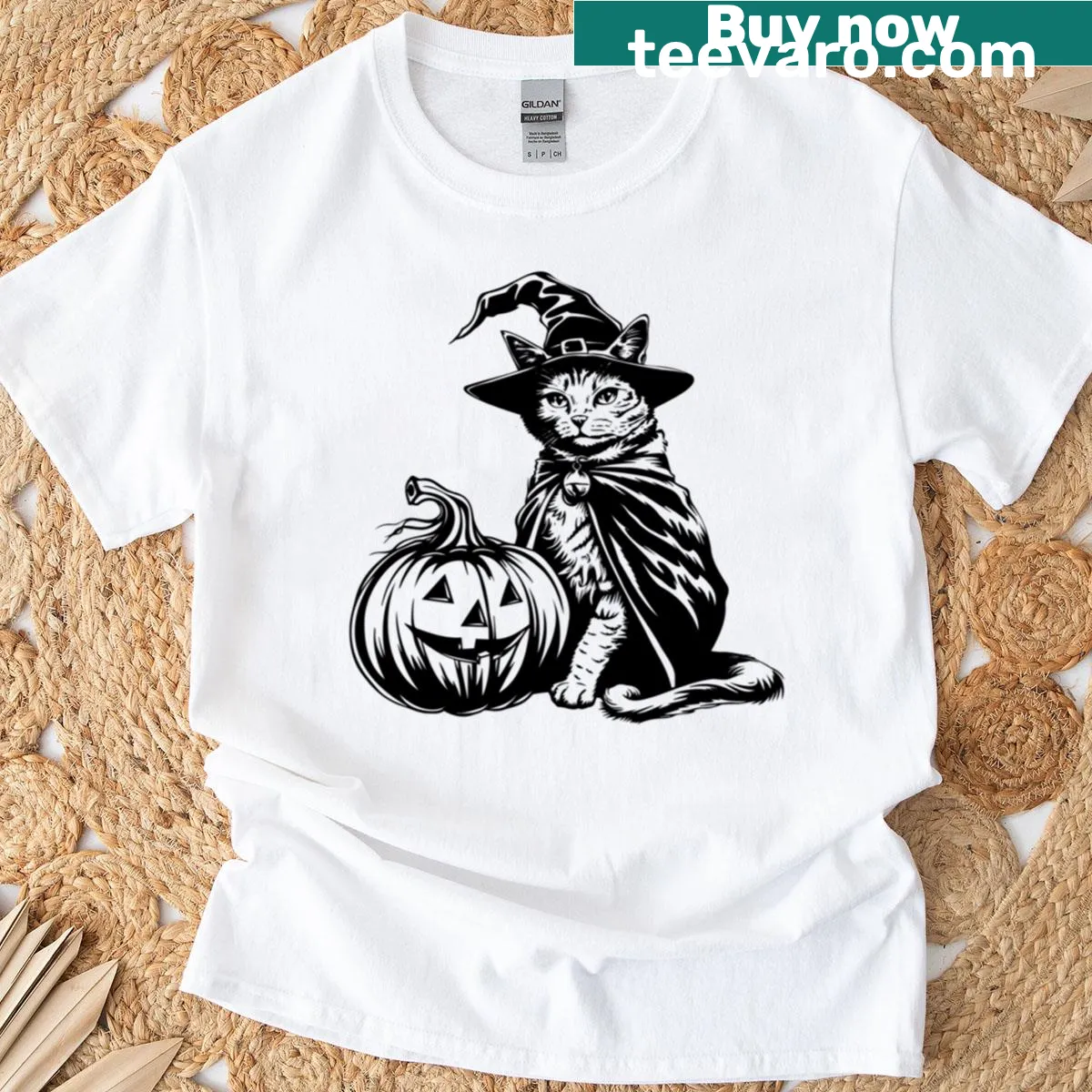 Cat in witch costume surrounded by pumpkins t-shirt — on a men's t-shirt