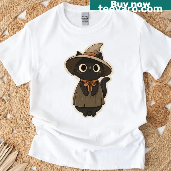 Cute T-shirt featuring a charming witchy black cat