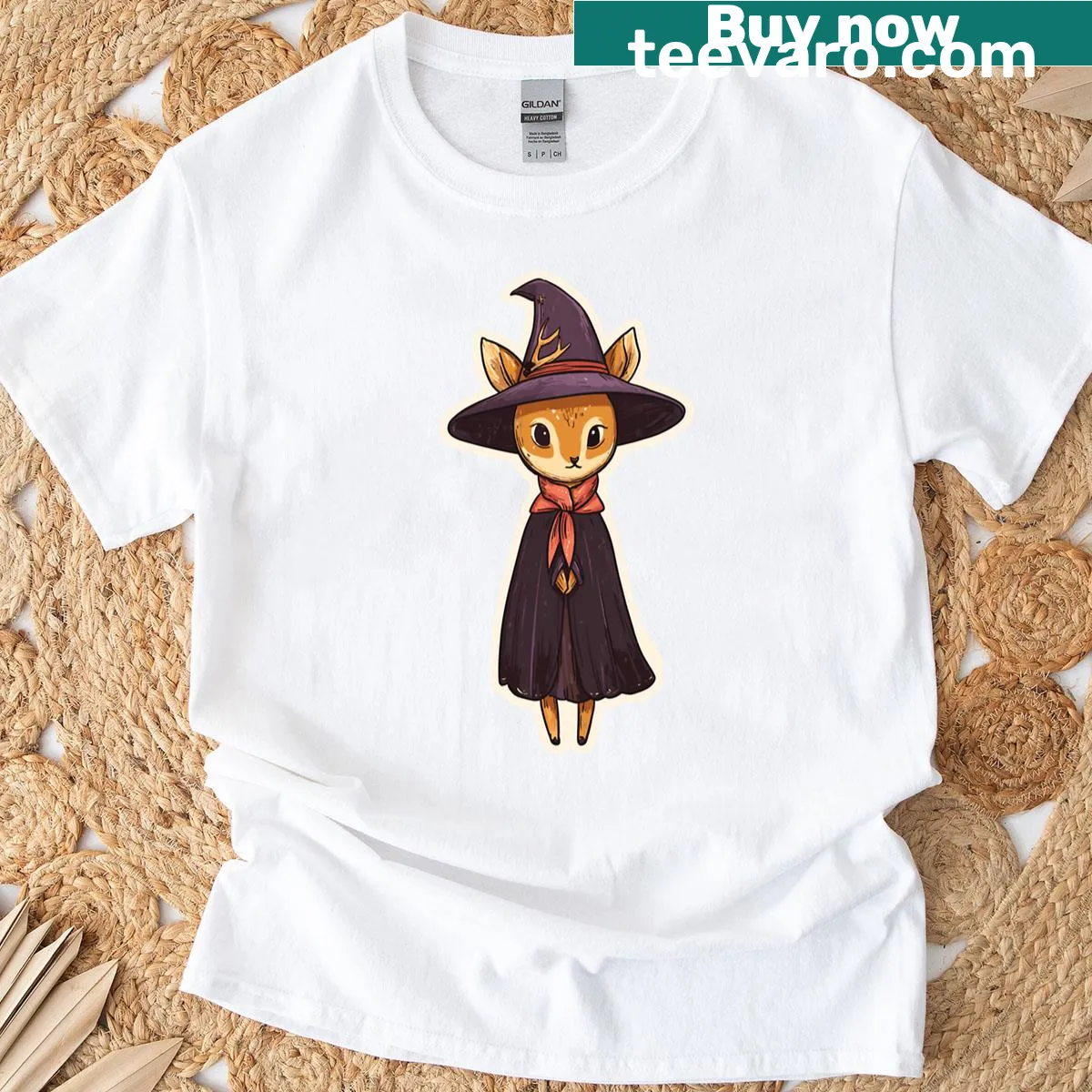 Whimsical deer design t-shirt with witchy elements — on a men's t-shirt