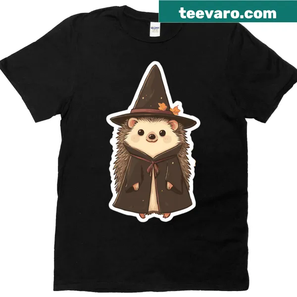 Adorable witchy hedgehog t-shirt featuring a cute illustration.