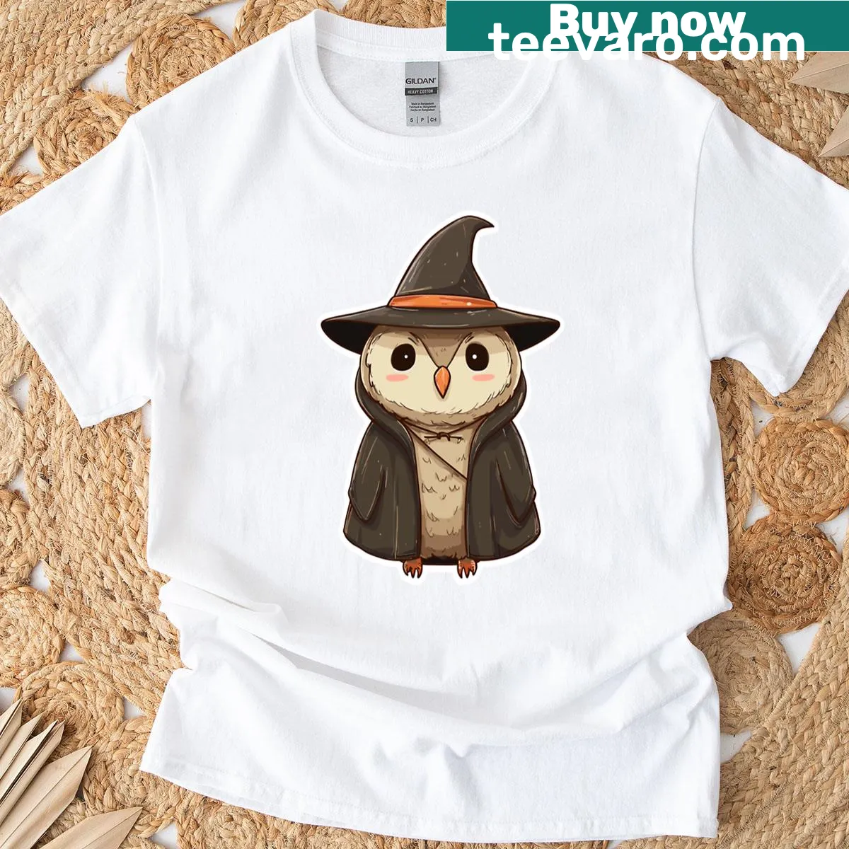 Illustrated owl with witchy details on a T-shirt — on a men's t-shirt