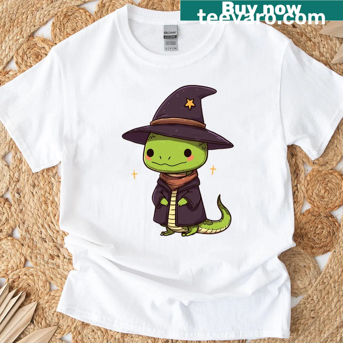 Whimsical snake design t-shirt with witchy themes — on a men's t-shirt