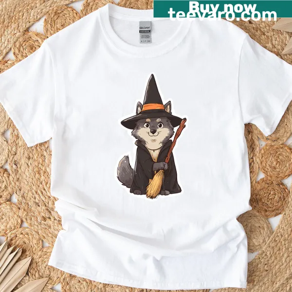 Illustration of a wolf in a witch hat on a T-shirt
