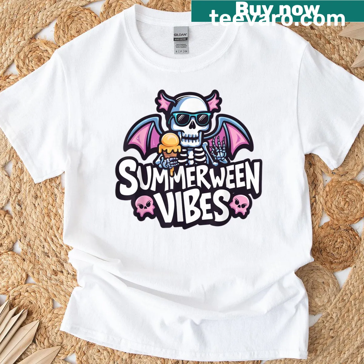 Fun T-shirt with a skeleton on a float for Summerween — on a men's t-shirt