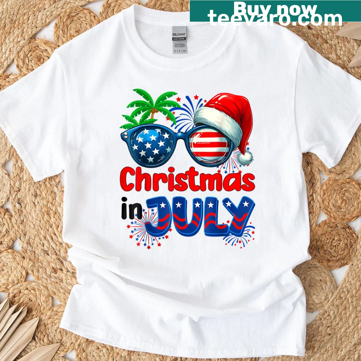 Christmas in July T-shirt with Santa and USA flag design — on a men's t-shirt