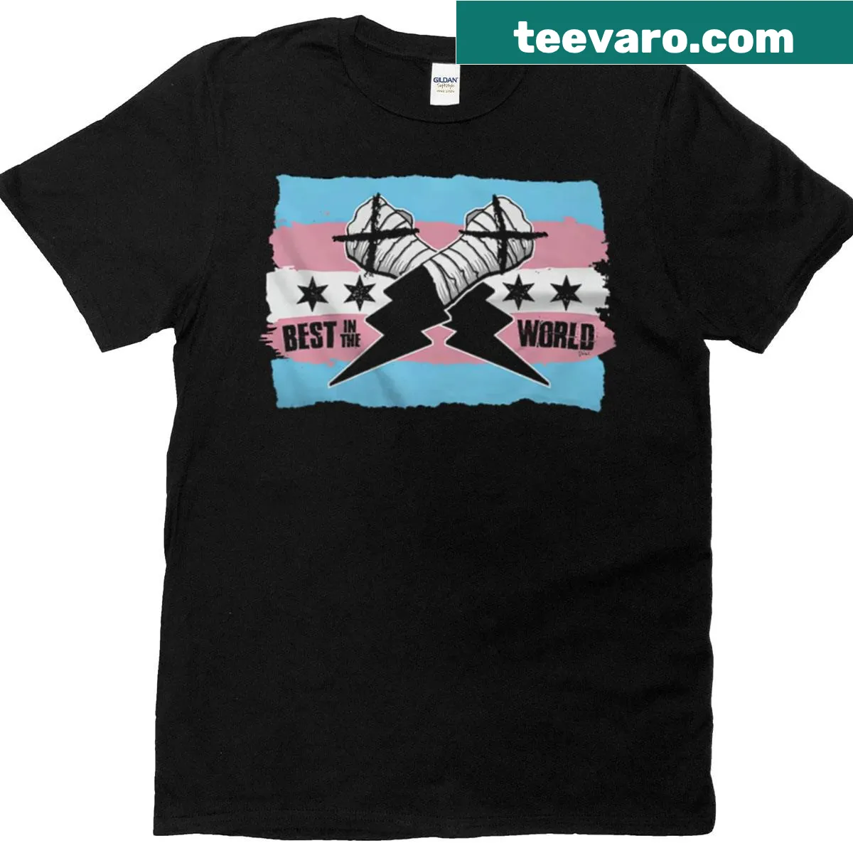 CM Punk tribute t-shirt with Trans Pride theme — on a men's t-shirt