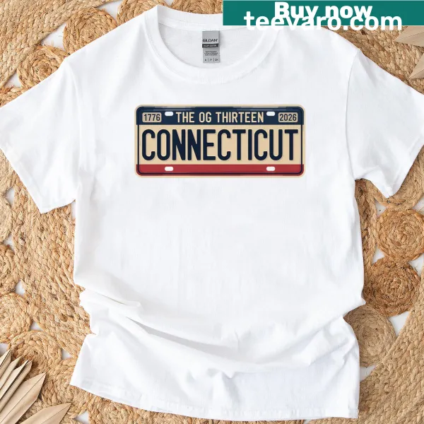 Connecticut-themed t-shirt featuring the original 13 colonies license plate design