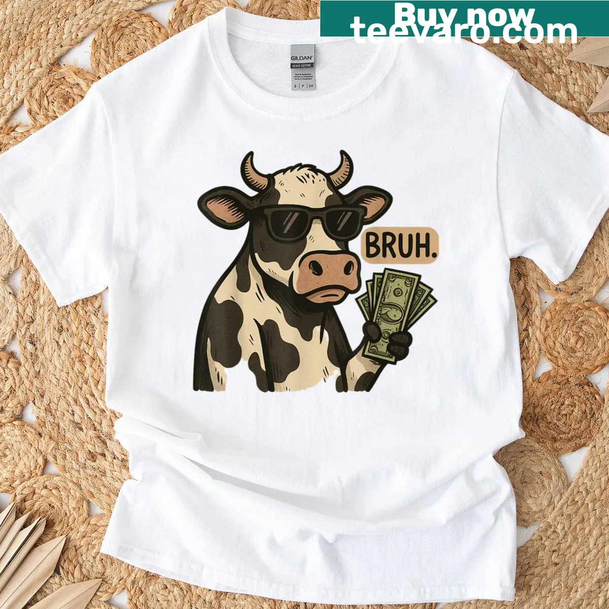 Cow wearing sunglasses and surrounded by money in funny graphic — on a men's t-shirt