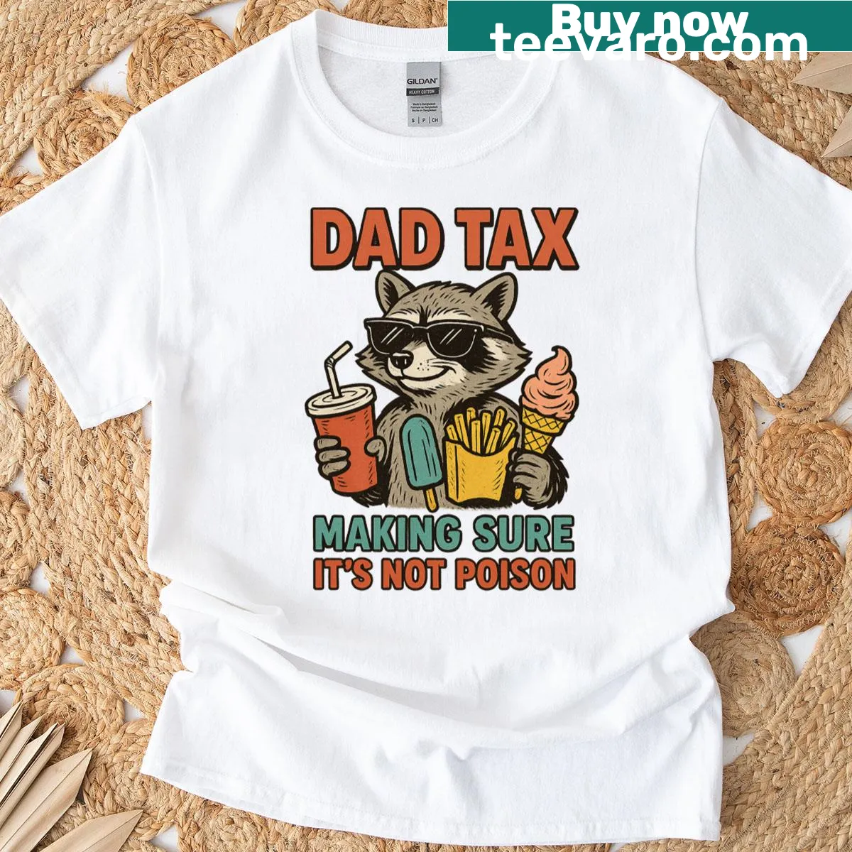 Humorous T-shirt featuring a raccoon checking food for poison. — on a men's t-shirt